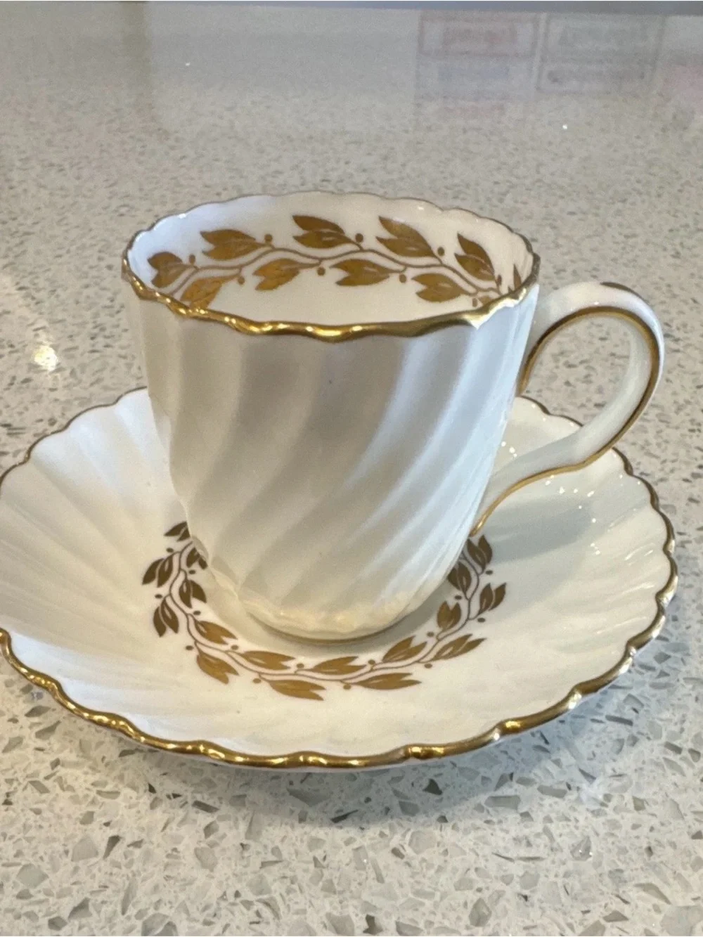 White Porcelain Teacup & Saucer with Gold Leaf Accent